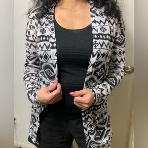 Black and white cardigan, slightly worn, size M, cotton, semi see thru